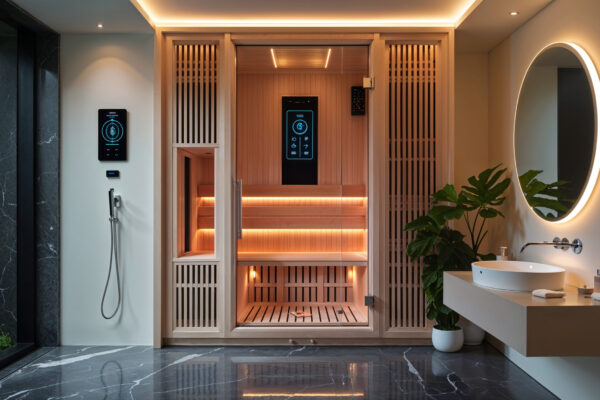 Modern Luxury Bathroom With Wooden Sauna Interior And Marble Flooring Design Modern Luxury Bathroom With Wooden Sauna Interior And Marble Flooring Design