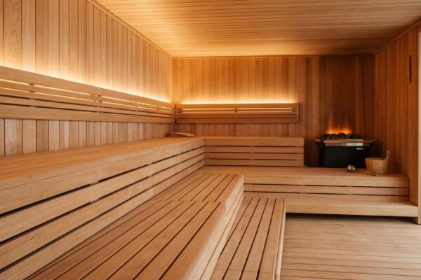 Luxury wooden sauna interior with steam, soft warm lighting, and elegant benches providing ultimate relaxation and wellness experience Serene and inviting wooden sauna, bathed in warm ambient light. Comfortable benches offer a perfect space for relaxation and rejuvenation. A modern sauna heater with glowing stones adds to the ambiance. This is a place for wellness, detox, and escaping daily stress.